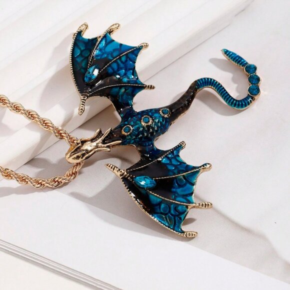 🐉 Blue or Green Enamel Dragon Necklace | 22" Goldtone Rope Chain 🐉 - Picture 1 of 3